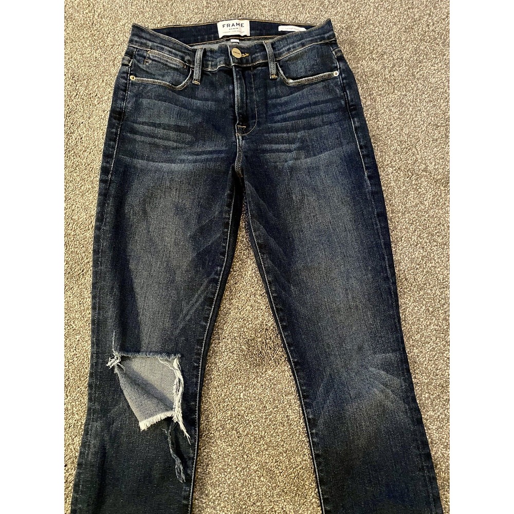 FRAME Le High Skinny Raw Hem Medium Wash Destroyed Stretch Denim Jeans 26 Womens